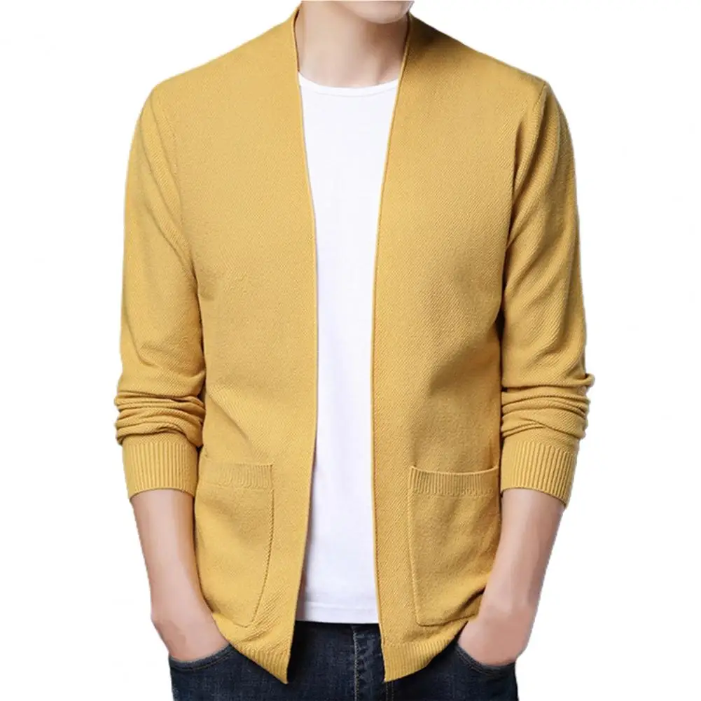 

Winter Autumn Men's Jacket Cardigan Loose Fit Solid Color Coat Long Sleeve Ribbing Hem Cardigan Coat for Business Knit Outwear