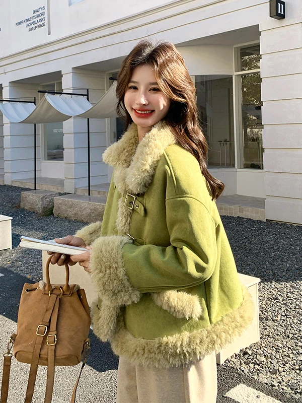 Damska kurtka z owczej wełny, bardzo ciepła, bawełniana bluzka, skórzana kurtka z futerkiem, nowość na jesień i zimę.