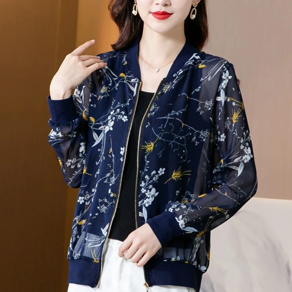 2024 Summer Light and Thin Chiffon Print Jacket Women Thin Coat Sun Protection Baseball Uniform Versatile Fashion Cardigan