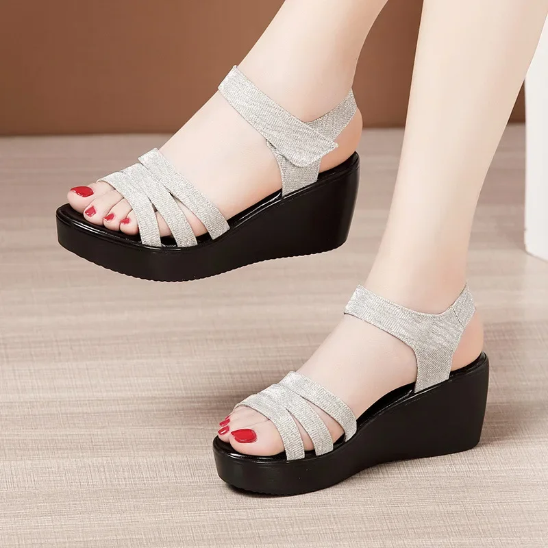 6cm Medium Heels Wedges Shoes for Women 2025 Summer Bling Casual Beach Office Thick Sole Platform Sandals Small Size 32-43