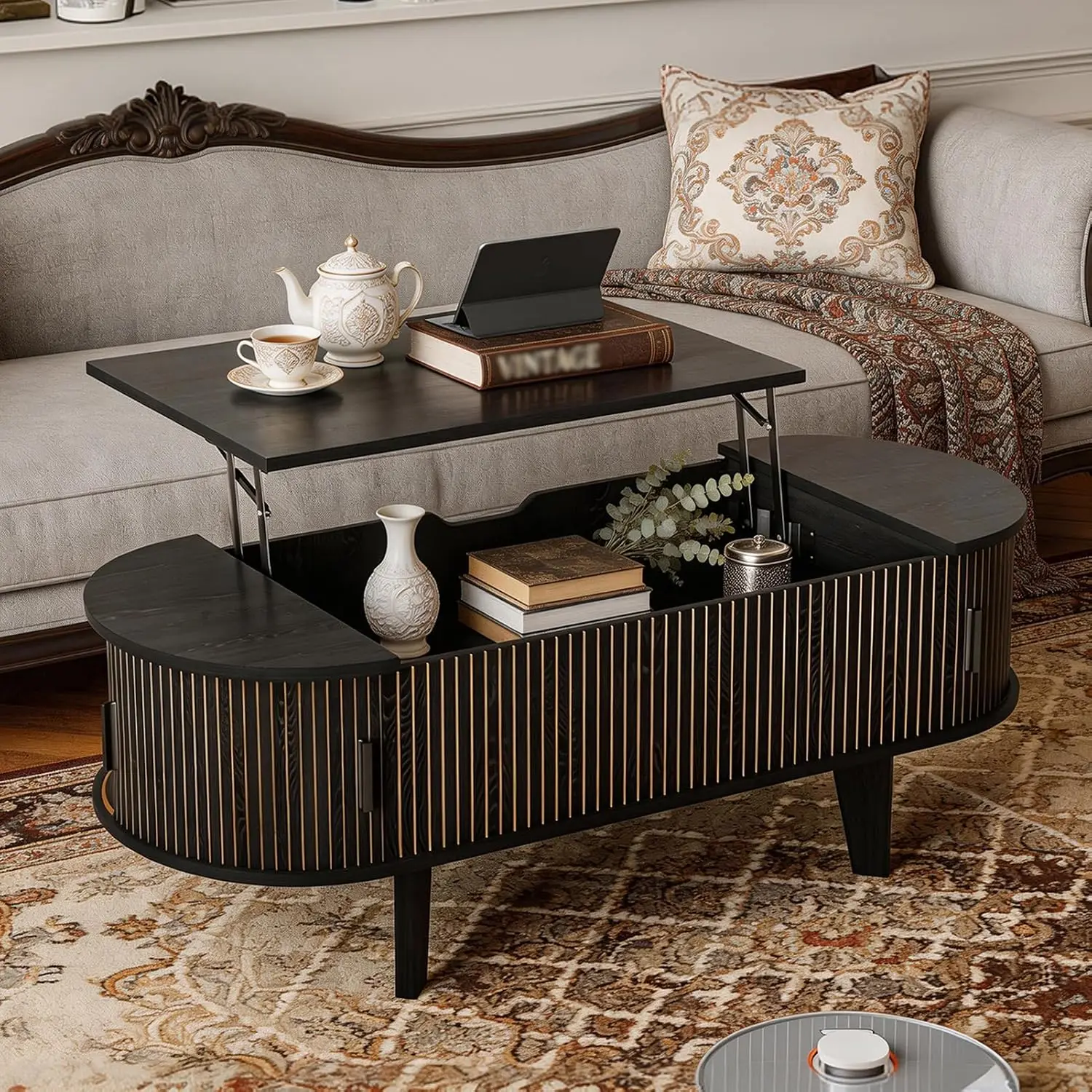 

Oval Lift Top Coffee Table with Tambour Door Storage, 47.2" Fluted Mid Century Modern Table for Living Room, Customized