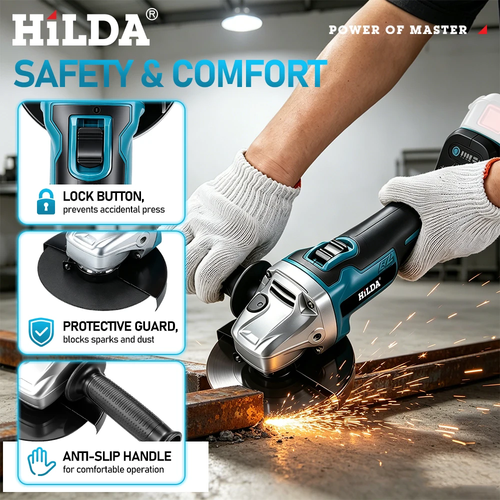 HILDA 21V Bürstenloser Winkelschleifer Kabelloses Elektrowerkzeug für Makita-Akku zum Schneiden von Metall und Holz – Detail 10