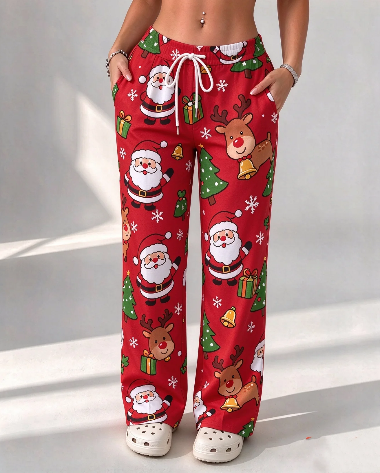 Woman's Pants Santa Claus 3D Print Cartoon Christmas Reindeer Pattern Home Pants Fashion Casual Straight-leg pants Pajama Pants