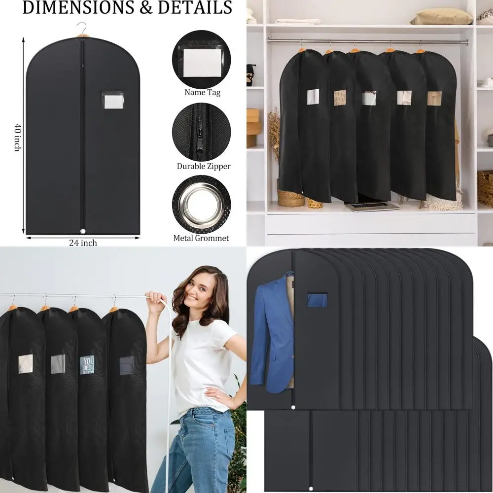 

40-Inch Black Suit Garment Bags, 24-Pack for Closet Storage, Travel, Men's Coat & Jacket Protection with Clear Window