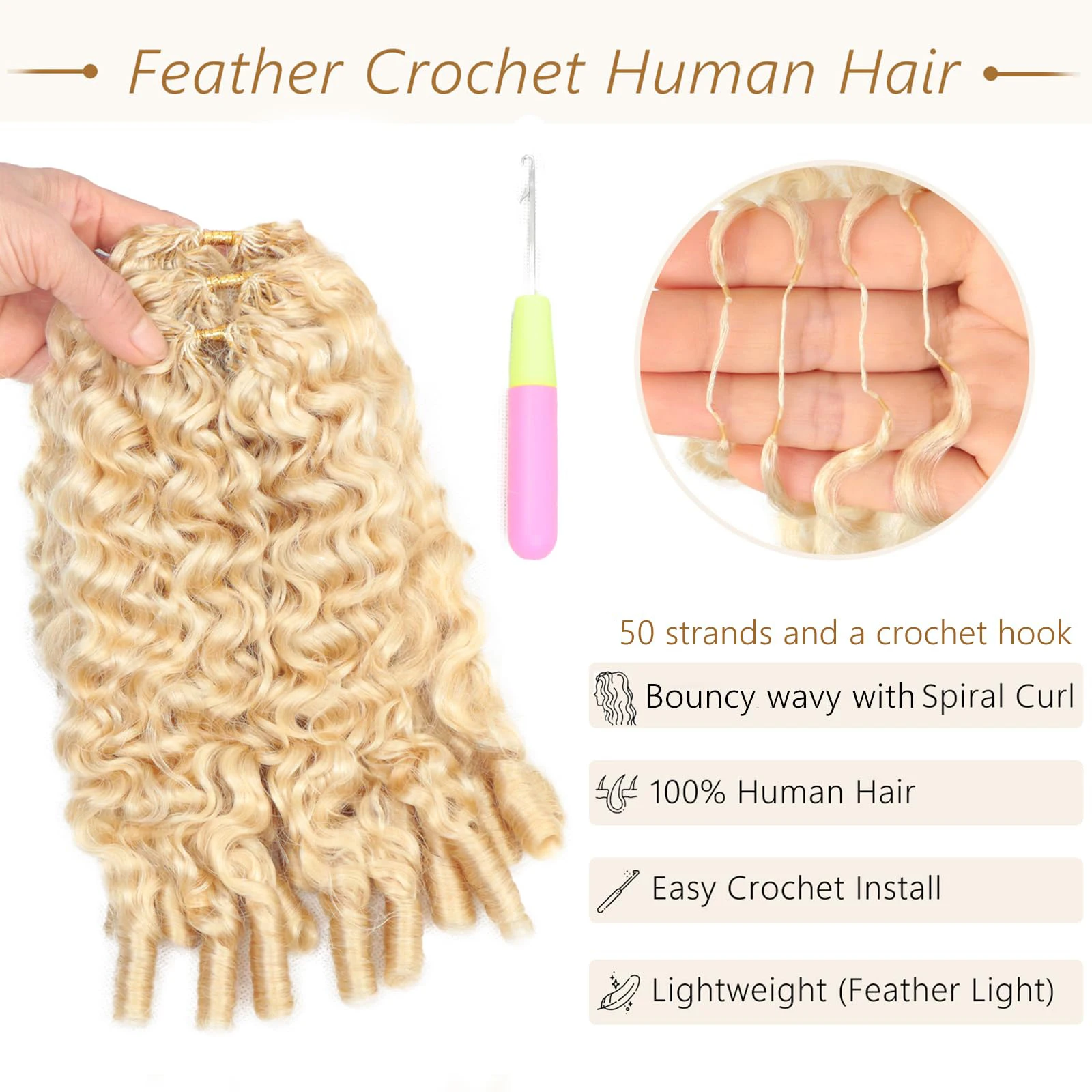 613 Blonde Burmese Curly Crochet Human Hair Pre Separated Knotless Reusable Feather Crochet Hair Extensions With Spiral Curl End