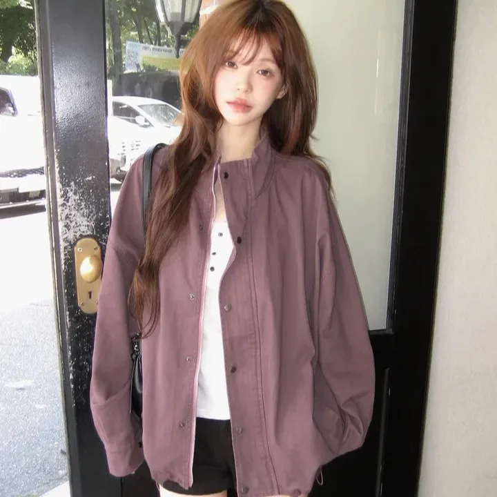 Retro Distressed Loose Shoulder Drop Shoulder Stand Collar Workwear Jacket for Women Long Sleeve Zipper Closure Versatile Style