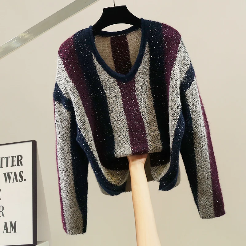 

Faionable Heavyweight iny Tead Sweater Women's Lazy Sle High-End Slimming Knitted irt V-Ne Stripe Pattern