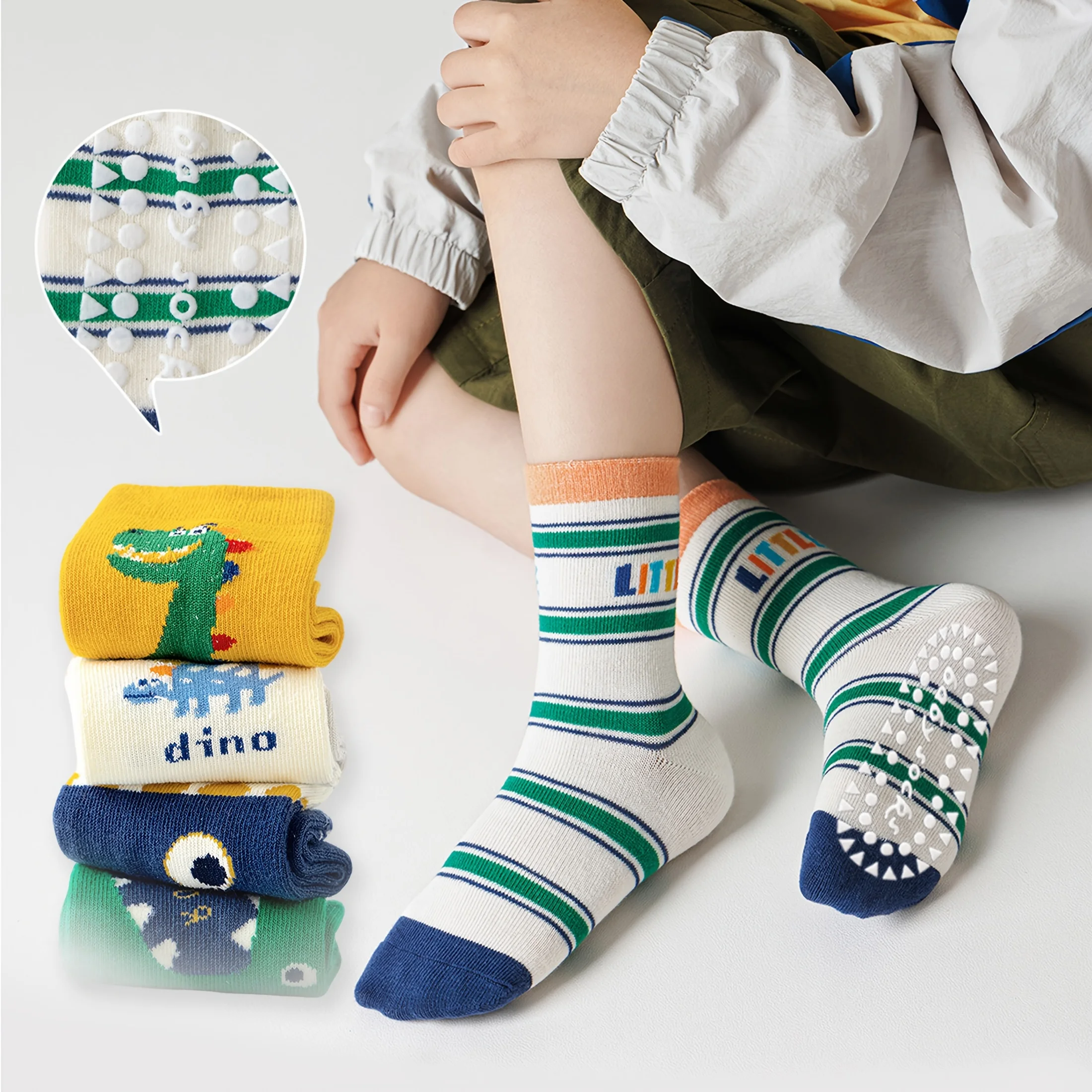 5 Pairs of Children's Floor Socks with Letter Stripes, Cartoon Big-Eyed Dinosaur Pattern, for Boys and Girls, Baby Toddler Soft-Soled Indoor Non-Slip Mid-Tube Socks, Suitable for Casual Daily Life