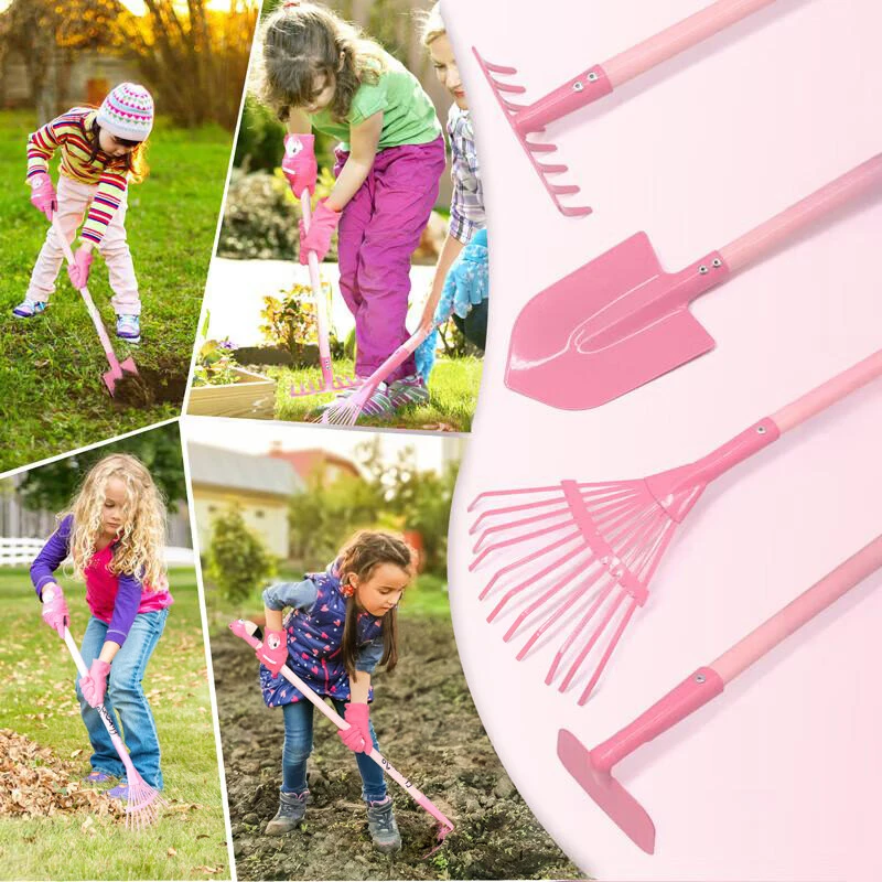 1/4 szt. Mini Zestaw Narzędzi Ogrodowych Zabawka Grabie Spadochronka Motyka i Grabie do Liści Odłączane Rękojeści z Prawdziwego Drewna Łatwe w Użyciu do Zbierania Liści na Trawniku