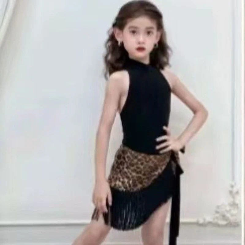夏子供ラテンダンスドレス服女の子練習セットスプリットタッセルヒョウ柄タイトフィットスカート練習スーツ