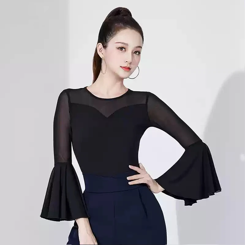 

2026 New Latin Dance Dance Costume Adult Women's Ballroom Dance Tops Ruffled Sleeves Practice Clothes Hall Stage Wear XH828
