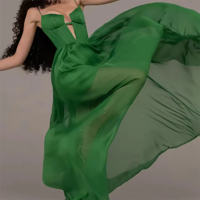Fashion Green spaghetti-straps v-neck Formal Evening Dresses Chiffon A-Line Prom Dresses Customized فساتين سهرة