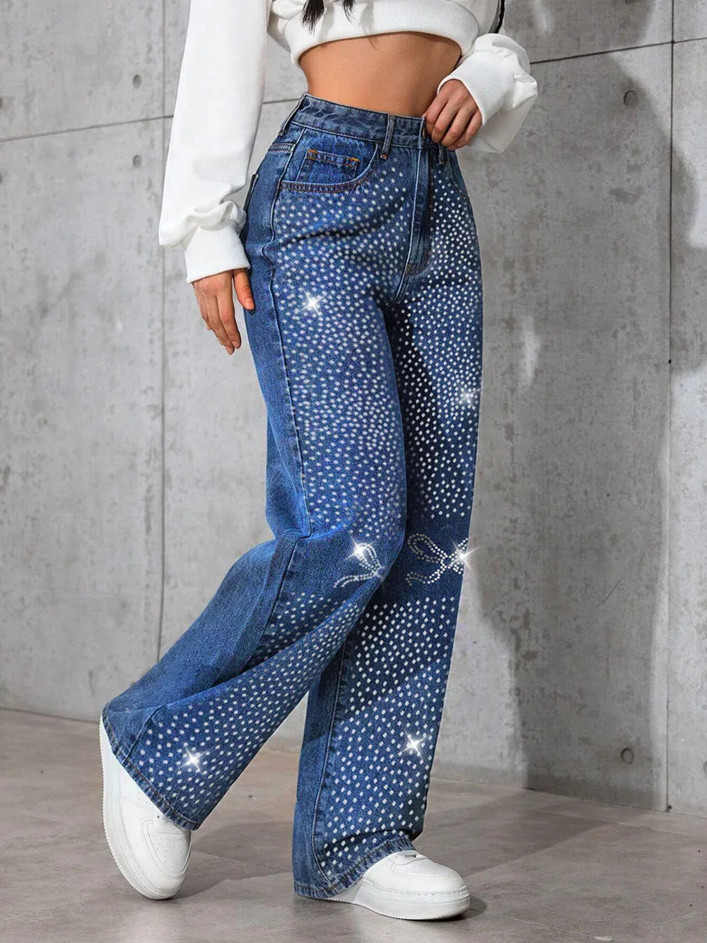 Retro Women's Baggy Blue Jeans Autumn Winter New Fashion Hot Diamond Butterfly Loose Straight Pants Casual Denim Trousers