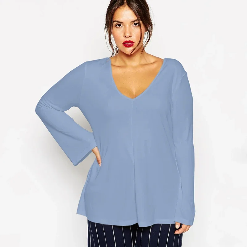 Plus Size V-neck Summer Spring Elegant Blouse Long Flare Sleeve Work Office Tunic Tops Plus Size Clothing For Women 6XL 7XL 8XL