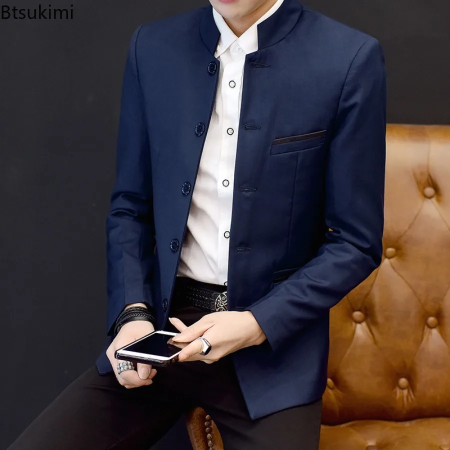 2025 Chinese Style Stand Collar Zhongshan Suit Men's Long Sleeve Slim Fashion Blazers Vintage Classic Traditional Men Clothing