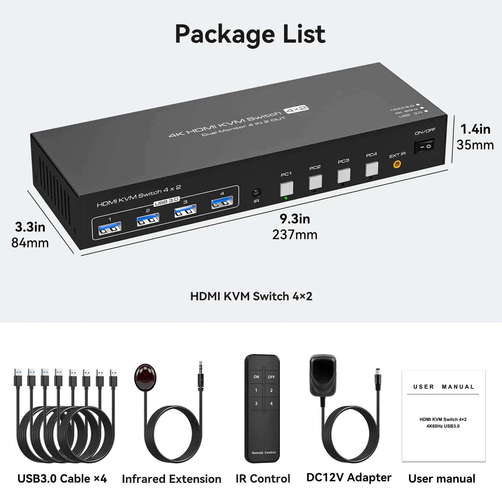 مفتاح HDMI KVM مع جهاز تحكم عن بعد ، شاشتان ، 4 منافذ ، مشاركة 2 شاشة ، أجهزة USB ، 4K @ 60Hz ، 4 منافذ