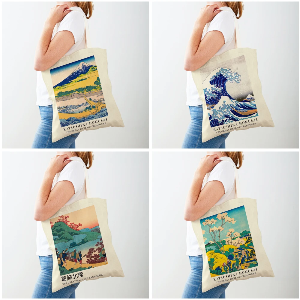 Vintage Tote Shopper Bag Abstract Japan Artist Hokusai Mount Fuji Women Shopping Bags Double Print Casual Lady Canvas Handbag