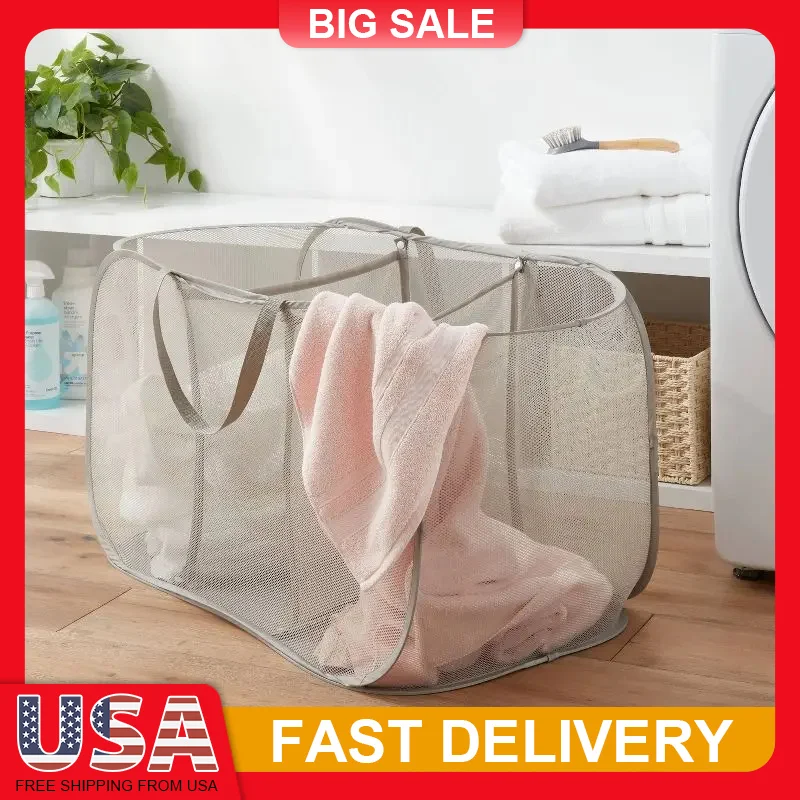 

Gray Pop Up Mesh Laundry Hamper Triple Sorter Collapsible Clothes Organizer with Handles for Bedroom Dorm Closet Storage