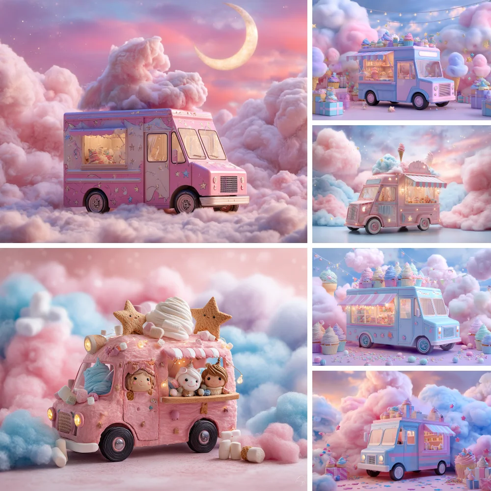 

Valentine's Day Dessert Shop Background Pink Bouquet Clouds Balloons Cake Truck Couples Portrait Birthday Wedding Party Backdrop
