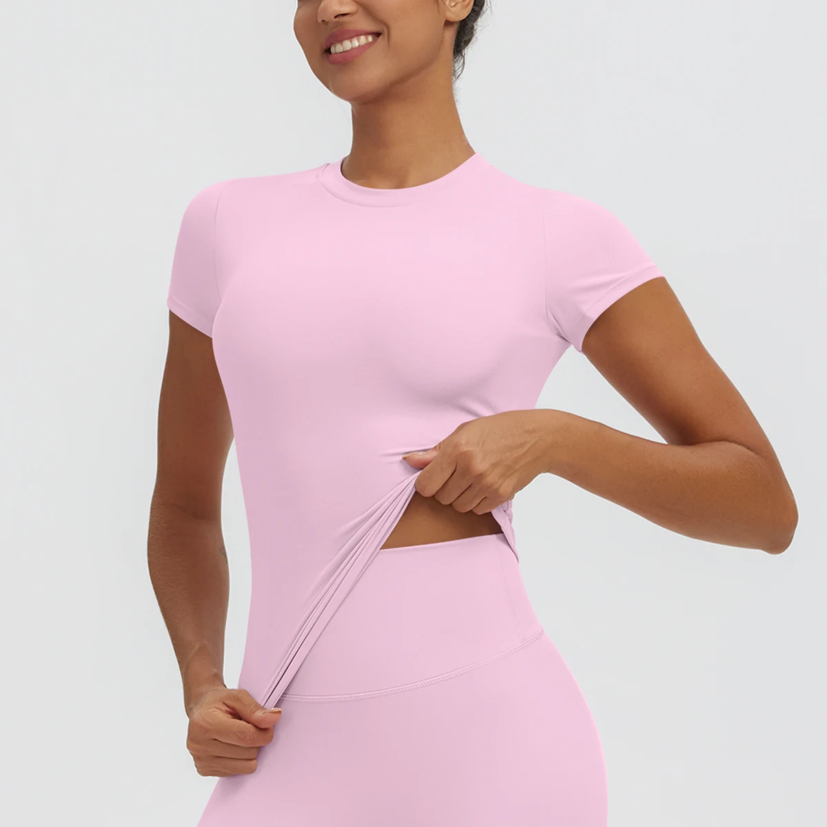 Hochelastisches, schnelltrocknendes, einfarbiges Yoga-Kurzarm-T-Shirt für Damen, Workout-Oberteil, schmal geschnittenes, lässiges Sport-, Lauf-, Fitness- und Yoga-T-Shirt. – Detail 39