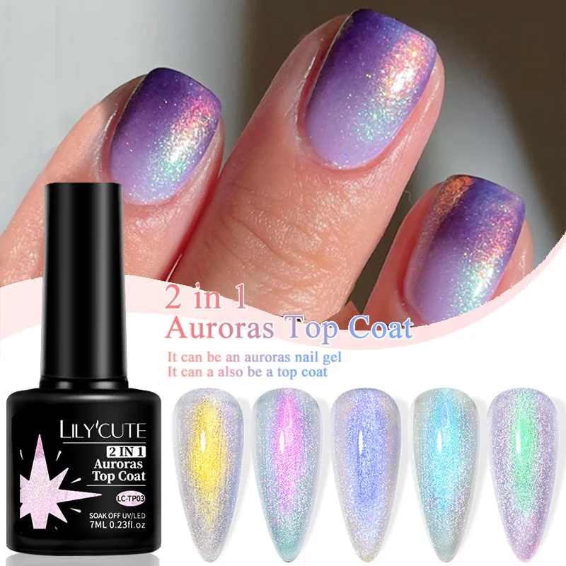 LILYCUTE 7ML Aurora Glitter เล็บเจล Polish Soak Off Sparking Gel เล็บกึ่งถาวร UV เจล 2 In 1 ฟังก์ชั่น Top Coat เจล