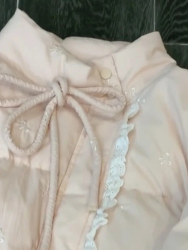 Winter Vintage Korean Fashion Thick Coats Women Loose Long Sleeve Bow Lace Zipper Warm Cotton Jacket Casual Elegant Chic Tops