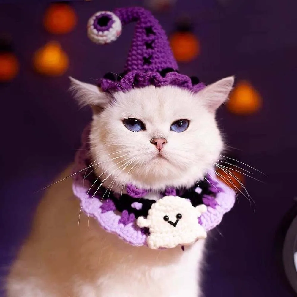 

Breathable Halloween Pets Costumes Pumpkin Ghost Halloween Cat Headgear Tie Fashionable Cat Woven Hat Bib For Dog Rabbit