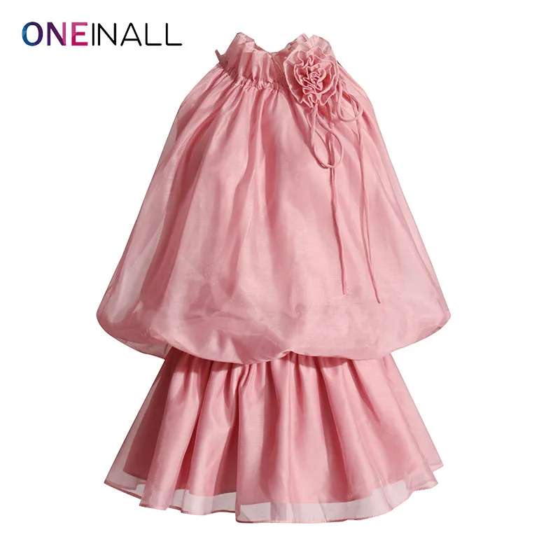 

ONEINALL Patchwork Appliques Elegant Dress For Women Halter Sleeveless High Waist Spliced Ruffled Solid A Line Dresses Female