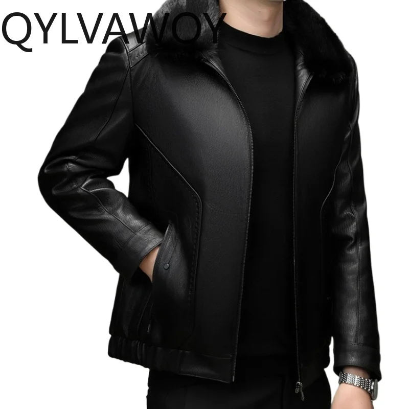 QYLVAWOY High-end Real Fur Coat Men 2026 Autumn Winter Genuine Goatskin Leather Jacket Man Detachable Mink Fur Liner Coats Warm