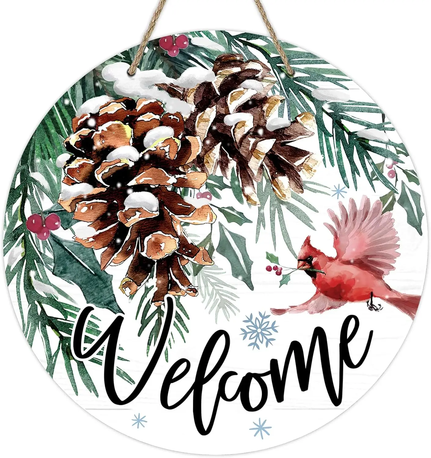 Welcome Winter Pine Cone Cardinal Front Door Sign, Red Bird Pine Needle Wood Door Hanger Outdoor Outside Porch