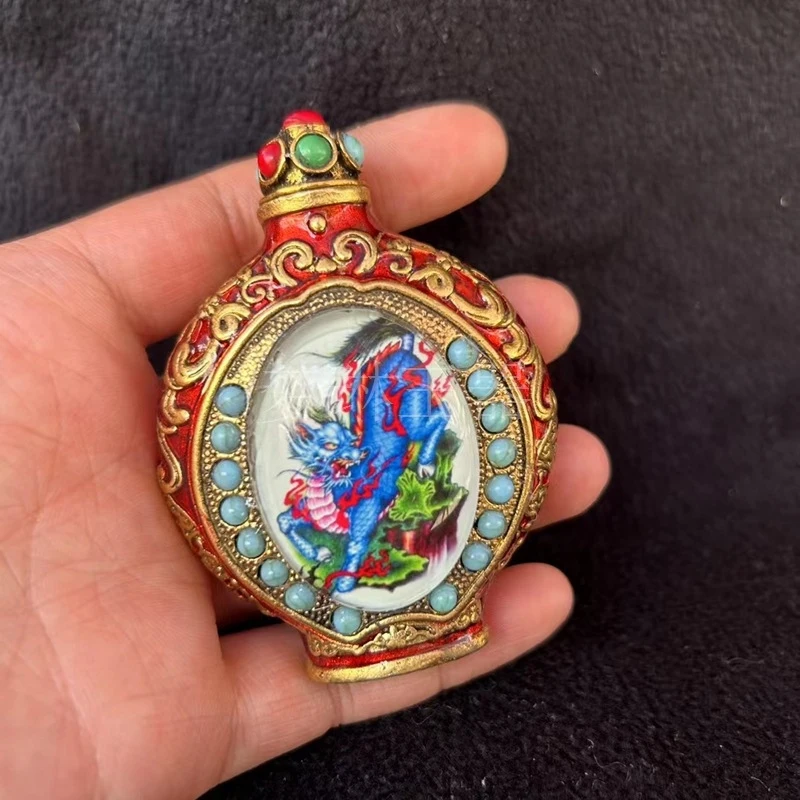 Inlaid Cloisonné Luminous Jade Snuff Bottle, Tibetan Silver Antique Pendant