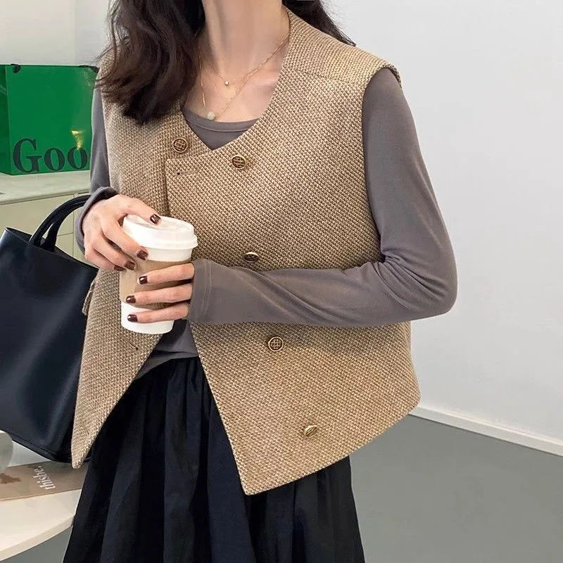 Korean Short Tweed Vest for Women Vintage All-Match Double-Breasted Sleeveless Tops Female Autumn New Street Out Wear Waistcoat