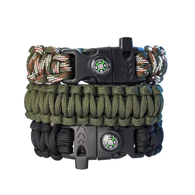 Multifunction Paracord Survival Bracelet Outdoor Travel Camping Hiking Emergency Braided Rope Chain with Whistle and Compass