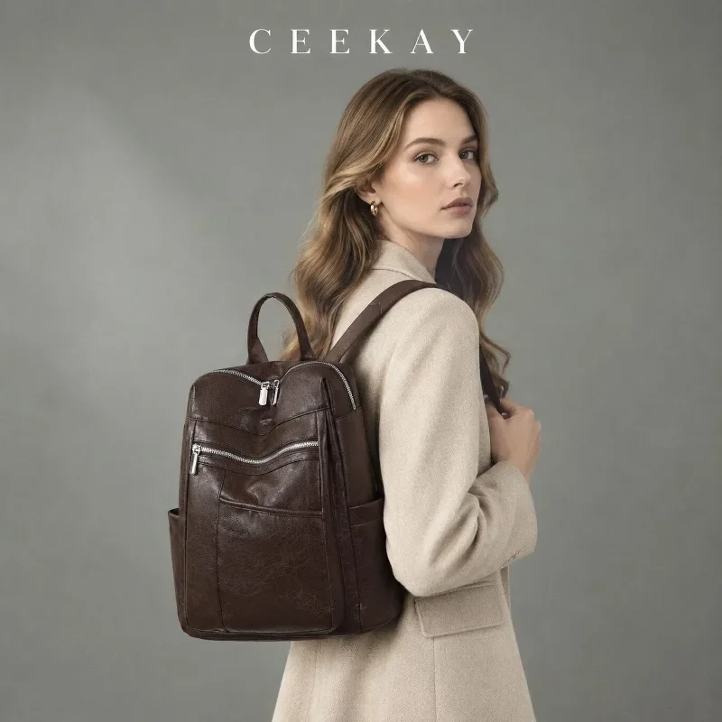 CEEKAY Leather Backpack Multi Pocket Top Zip Adjustable Strap All-Purpose Daily Use Roomy Elegant Classic Style for Women