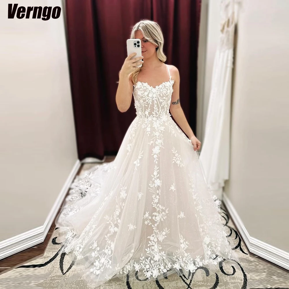 

Verngo A-line Tulle Wedding Dresses Sweetheart Spaghetti Straps Bridal Gown Lace Appliques Bridal Dress Vestido De Novia