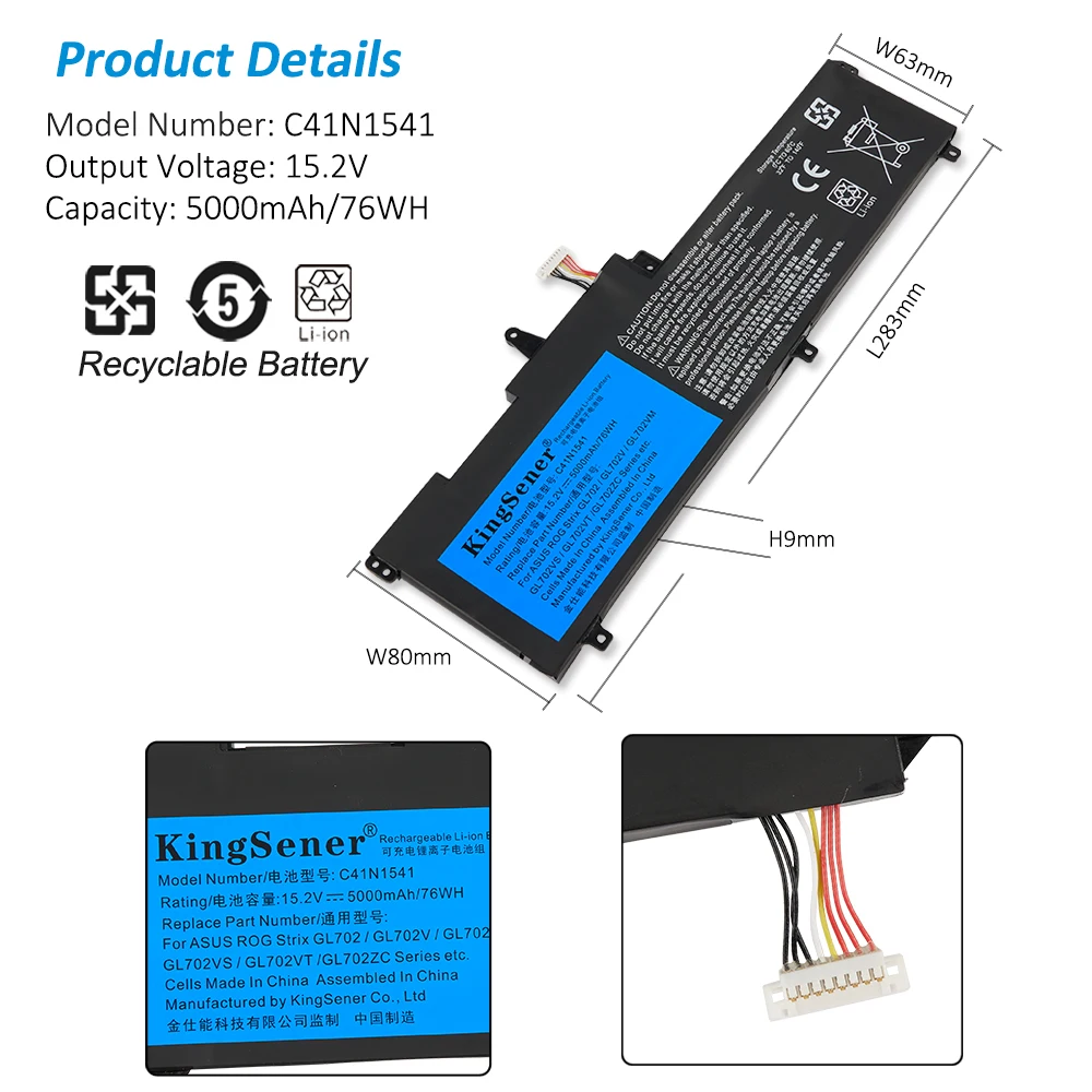 KingSener-Batterie pour ordinateur portable, ASUS ROG GL702, GL702V, GL702VM, GL702VS, GL702VT, GL702VMl'autorisation, 0B200-02070000, N1541, 15.2V, 76WH