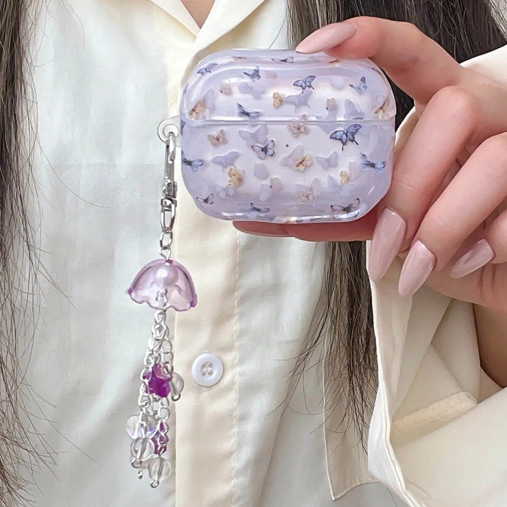 الأرجواني فراشة الرياح الرنين الحلي الحال بالنسبة AirPods Pro 2 3 4 AirPods Pro2 Pro3 Airpods4 لينة بولي TPU للصدمات غطاء سماعة الاذن