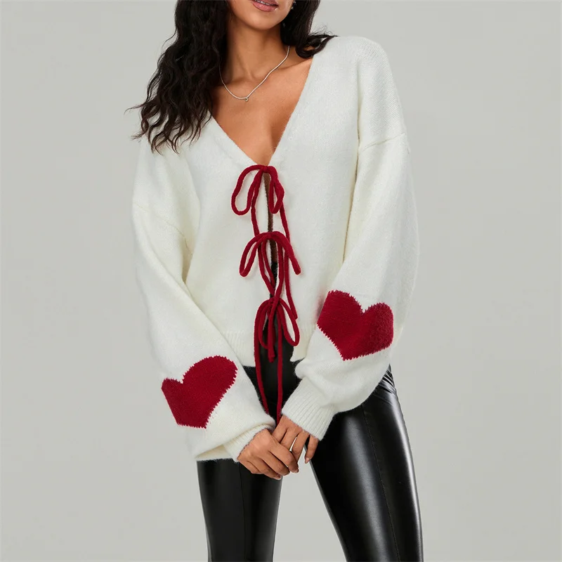 

Love Printed Tie Up V-neck Knitted Cardigan Elegant Long Sleeved Casual Women's Sweater 2025 Ladies Autumn Sweet Outerwers