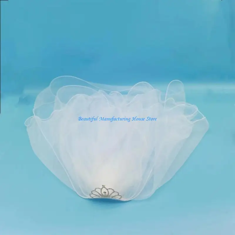 E56A حجاب الزفاف للنساء طبقات تول طويل طرحة زفاف لحفلات العازبة مع تاج لامع ولؤلؤ لحفلات الزفاف #3