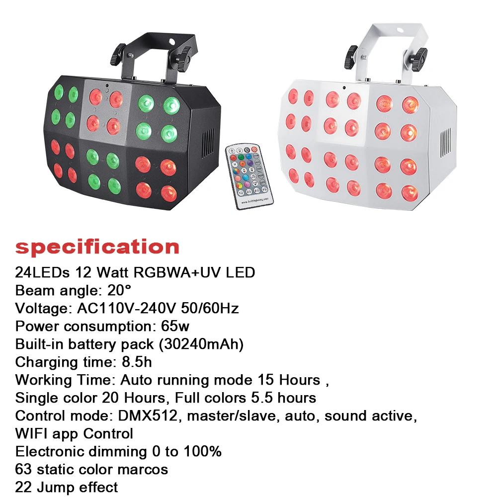 New Spider Wash Light 24*12W RGBWA+UV Led Washt Light Battery Uplight Wireless Remote App Dj Stage Lights for Disco Concert