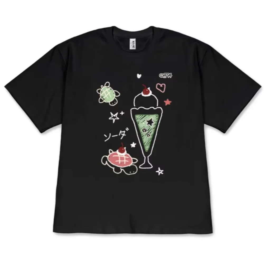 Minimalist Cute Turtle Doodle Graphic T-Shirt Kawaii Soda Float Print Short Sleeve Casual Tee Men Women Aesthetic Tops Stylish
