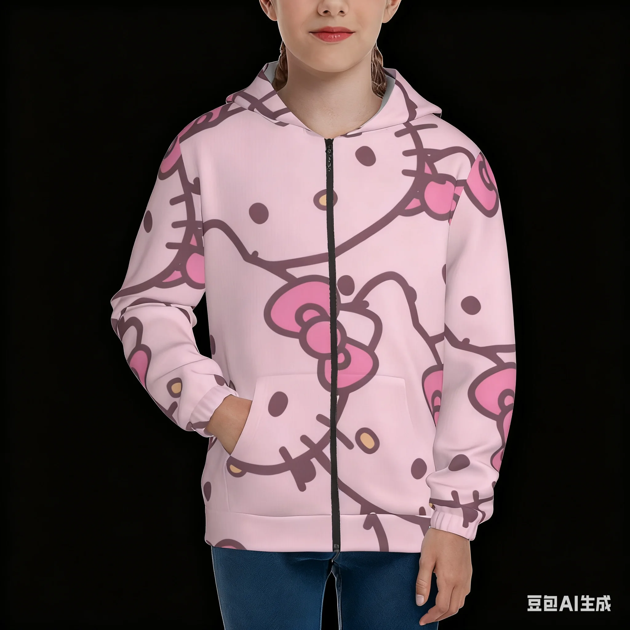 

Sanrio Autumn Winter Arrivals: Hello Kitty Printed Zip-up Hoodie - Women's Loose, Casual, Fashionable and Lightweight Hooded Top