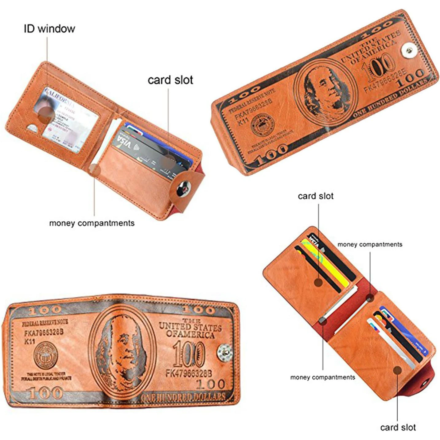 Men Us Dollar Bill Wallet Billfold Leather Credit Card Photo Holder