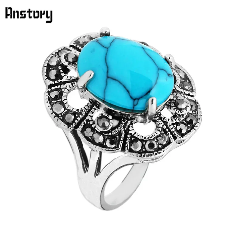 Vintage Plumflower Rhinestone Howlite Synthetic Turquoise Rings For Women Antique Silver Plated Fashion Jewelry