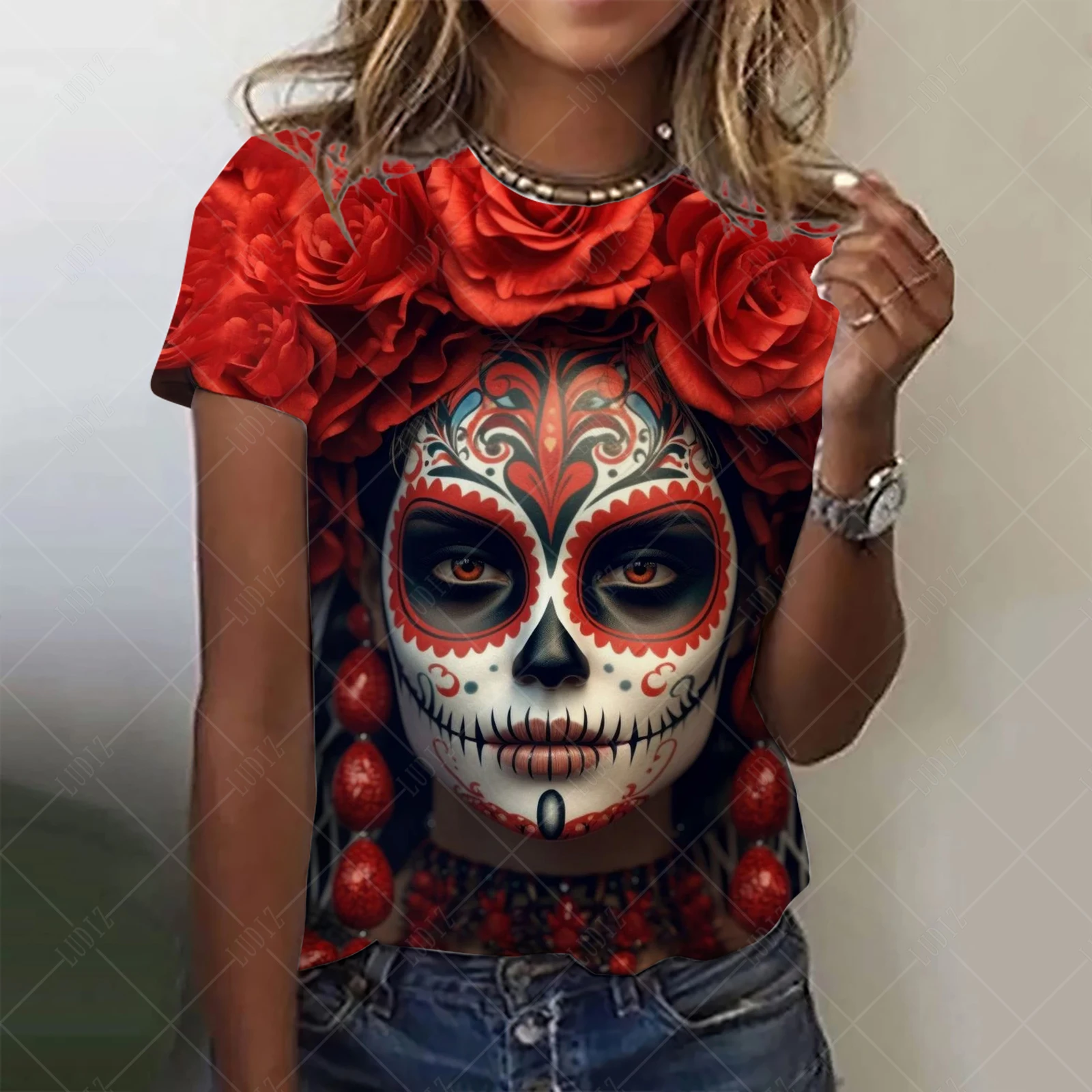 Damen-T-Shirt für Mädchen, Sommer, kurzärmelig, modisch, lässig, sexy Mädchen-Kleidung, Horror-Undead-Schädel-Muster, übergroße T-Shirts