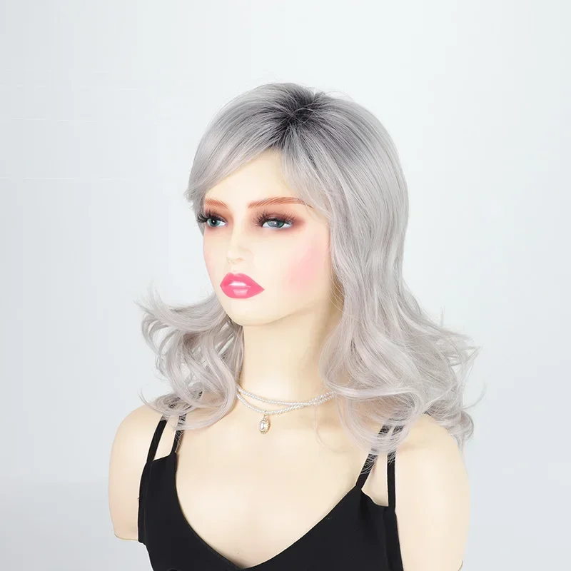 Womens Fashion Long Gray Curly Hair Soft Cute Synthetic Loose Wave Wigs Cosplay Party Wigs for Lady Mommy Hair