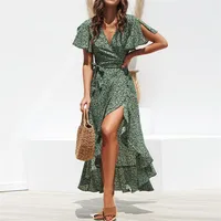 Vestidos bohemios sexis de verano para mujer, vestidos largos de Chifón con cintura alta Irregular, con cordones y cuello en V, informales para playa