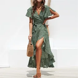 Women Summer Dresses Bohemian Sexy V-Neck Irregular High Waist Lace-up Chiffon Print Dress Casual Beach Long Dress