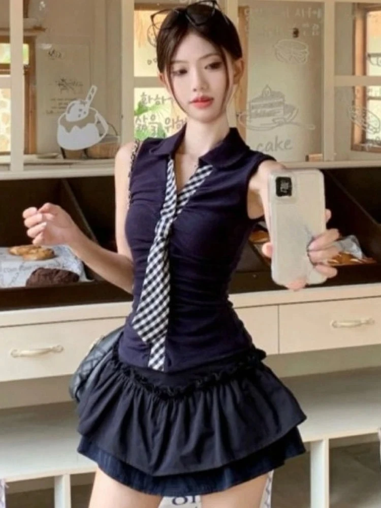 

Kawaii Lolita 2 Piece Skirt Sets Sexy Bodycon Sleeveless Blouse + Short Party Mini Skirts Y2k Korean Fashion Vintage Suits