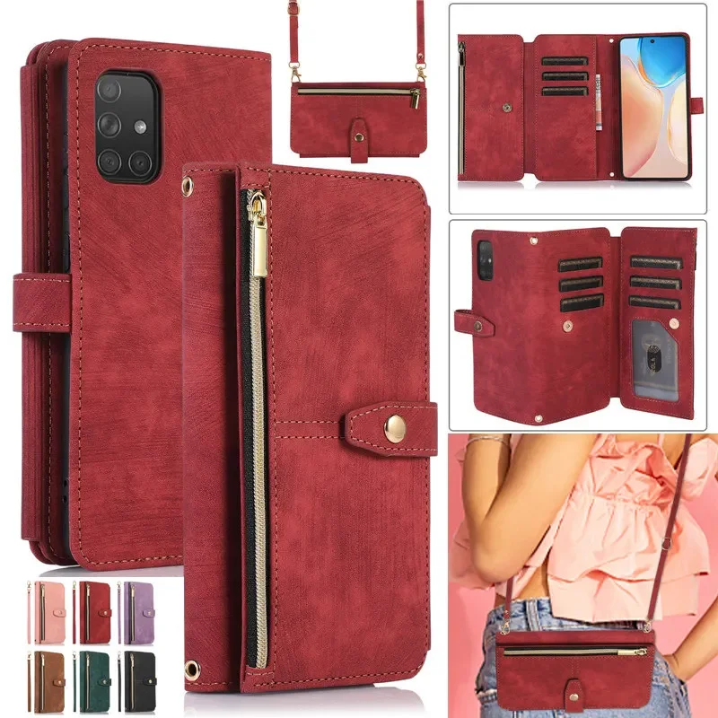 lanyard Flip Leather Phone Case For Samsung Galaxy A14 A34 A54 A13 A23 A33 A53 A12 A32 A52 A51 A50 Zipper Wallet Card Cover